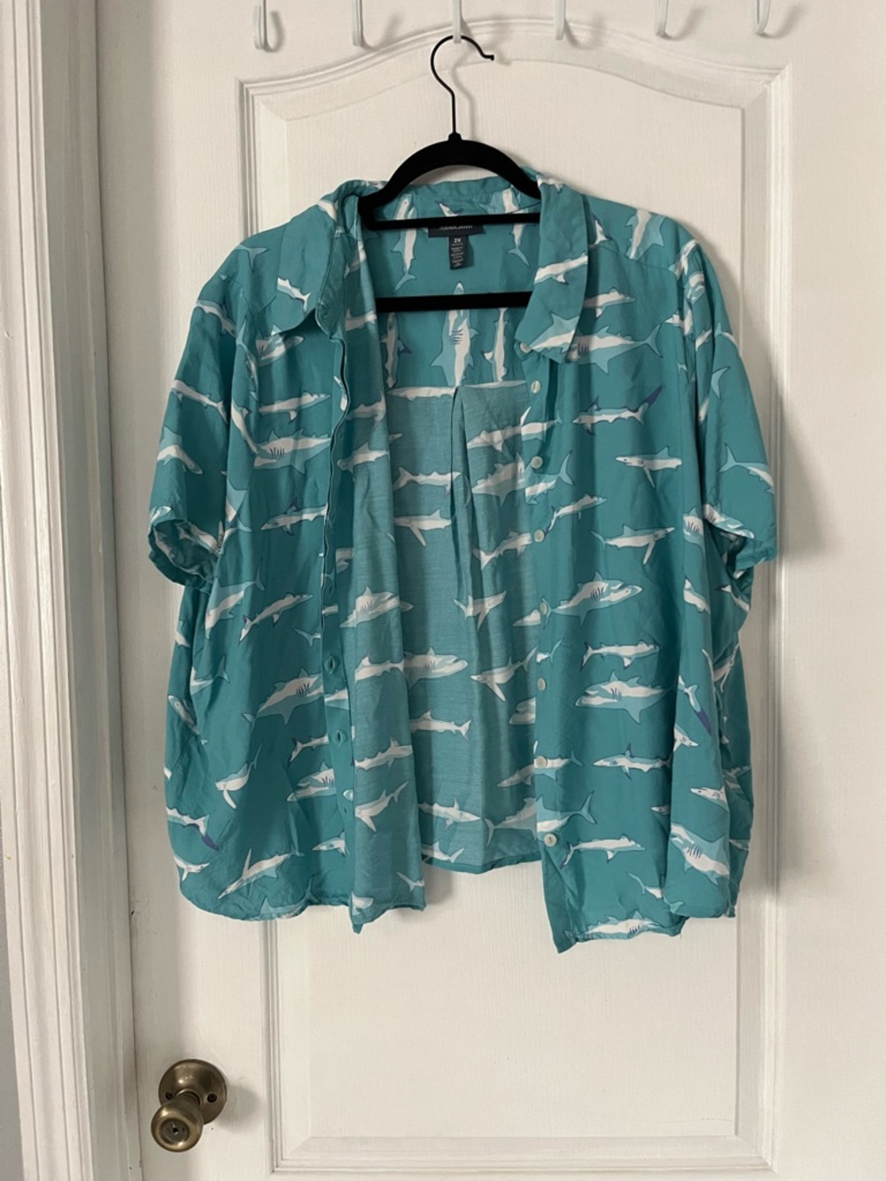 Modcloth Teal Shark-Print Boxy Short-Sleeve Button-Down Shirt